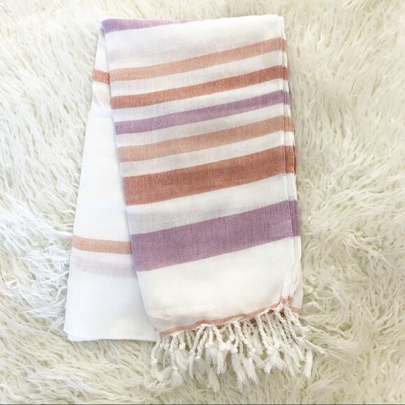 Lightweight Cotton Spring Scarf White Pink Stripe Fringe 34 x 66 New NWT - Picture 1 of 3
